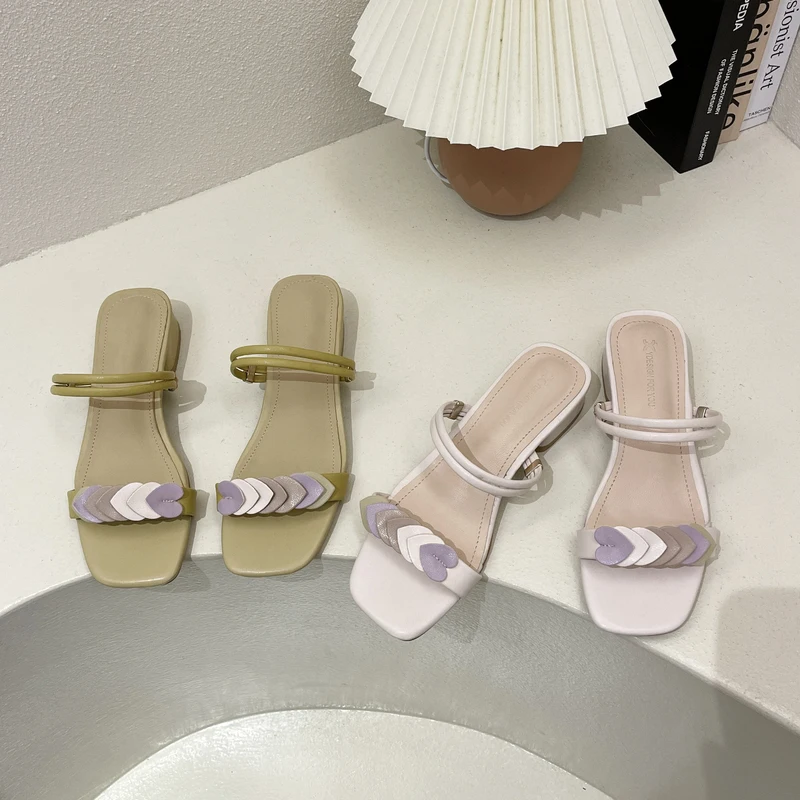 

Female Shoes Slippers Casual Square heel Low Med Slides 2021 Luxury Block Hoof Heels Rubber Fabric Rome PU Fashion Shoes Woman 2