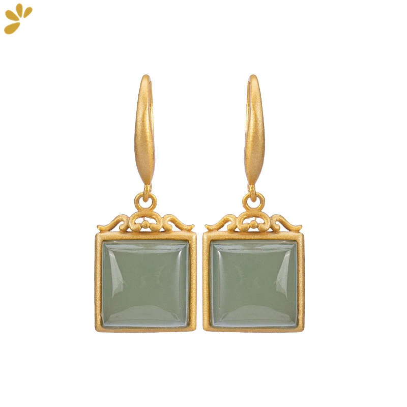 

925 Sterling Silver Jewelry Gold Plated Square Shaped Hetian Jade Drop Earrings for Women Gemstone Earring Fashion Cute Gift