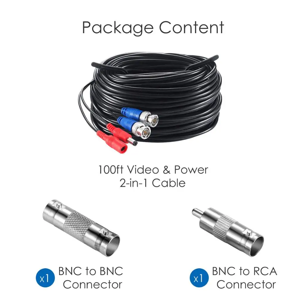 Кабель видеонаблюдения ZOSI 100 футов/30 м с разъемом BNC + DC|cable bnc|cable for cctvcable cctv camera |