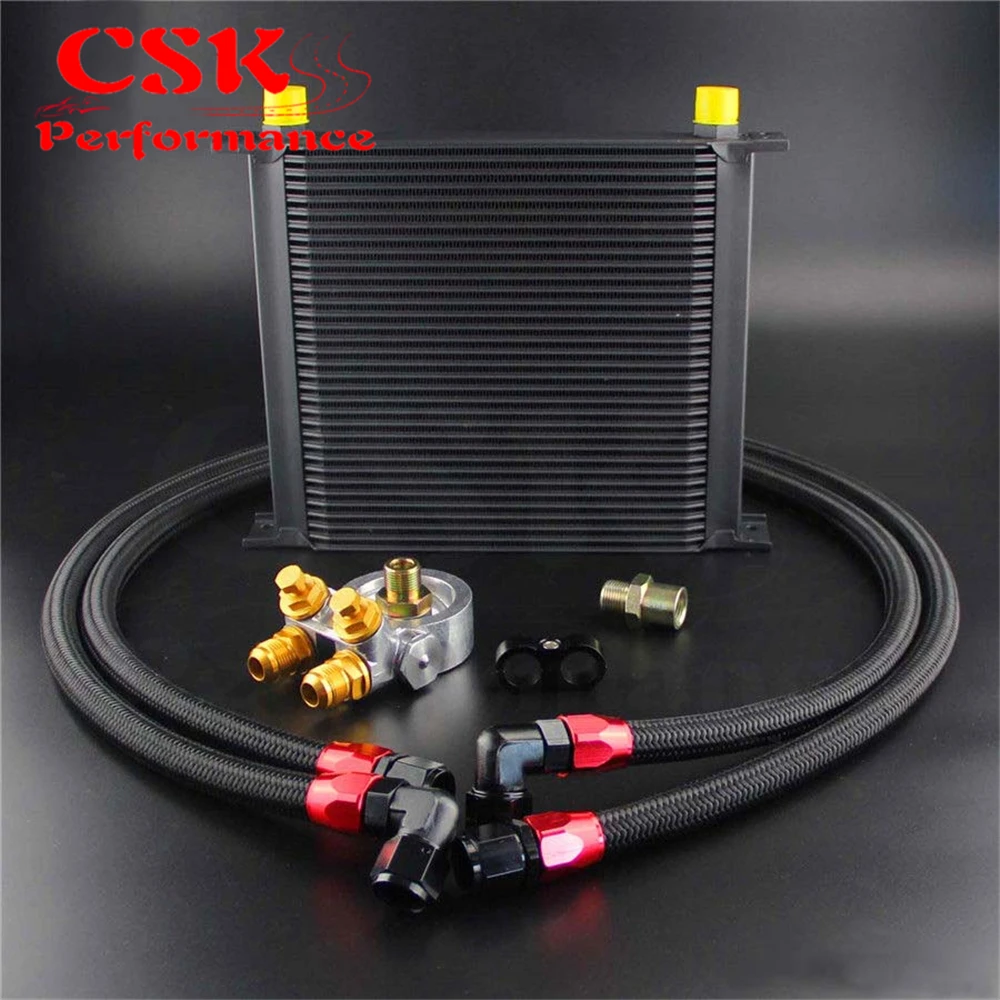 

34 Row 80 Deg Thermostat Adapter Engine Racing AN10 Oil Cooler Kit For Japan Car Silver / Black