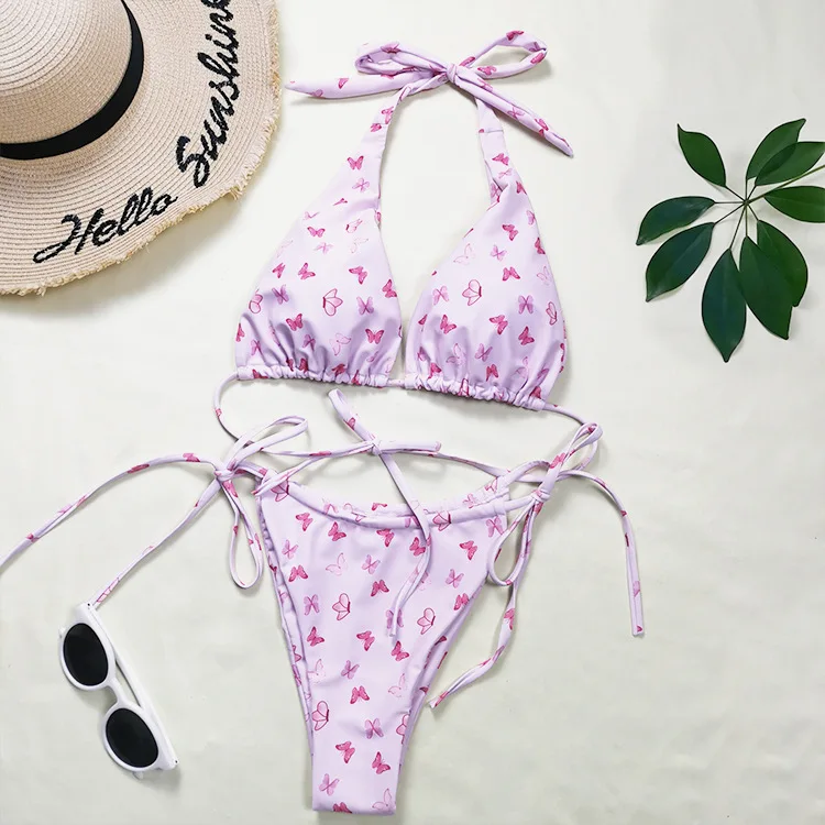 

Knot Bikini Set for Women 2021 Solid Color Printed Swimwear Side Tie Backless Swimming Suits Beachwear