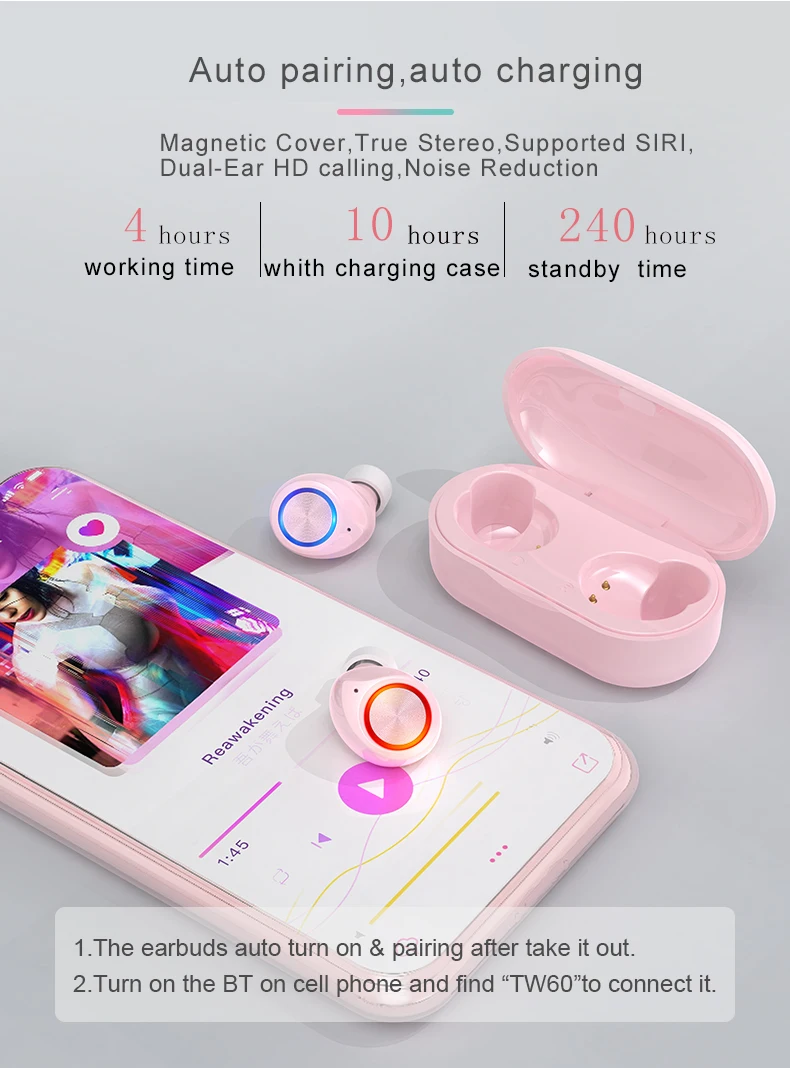 Wireless Headphones Bluetooth Earphone 5.0 Touch Bluetooth Headset TW60 TWS iPX5 Bluetooth Sports Earphones With mic