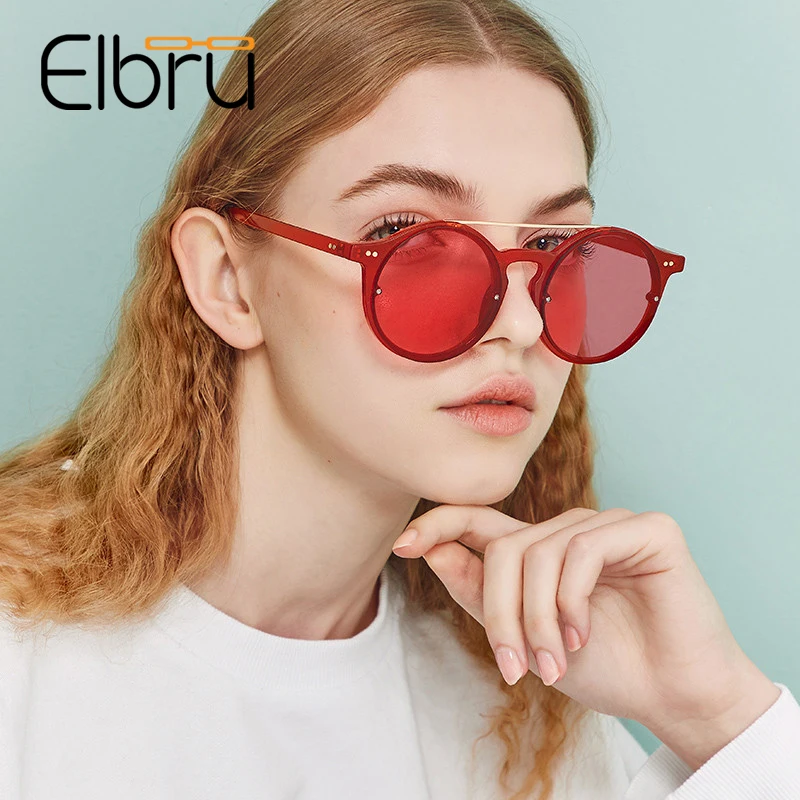 Elbru Винтаж двойной мост круглые женские солнцезащитные очки 90s хип хоп Стиль