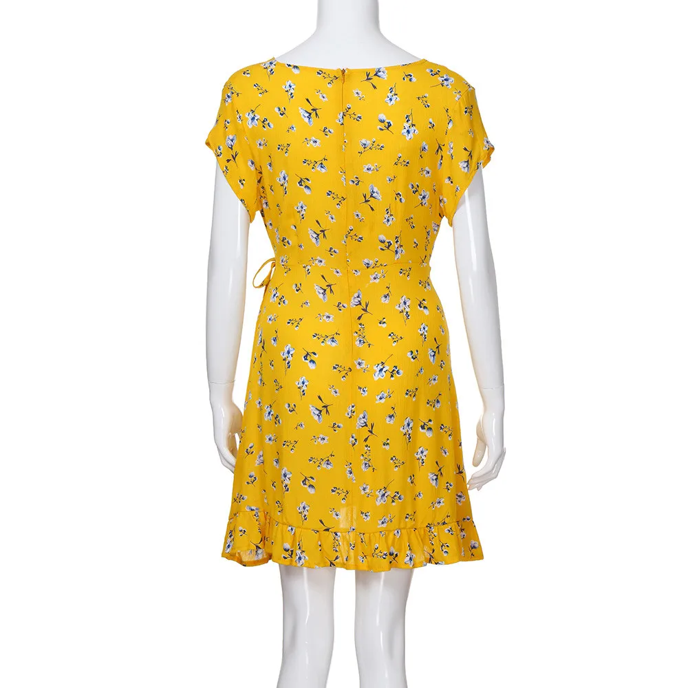 

Floral Print Sexy V-neck High Waist Lace Up Tight Ruffle Dress Summer Beach Short Sleeve Women's Dress Sukienka