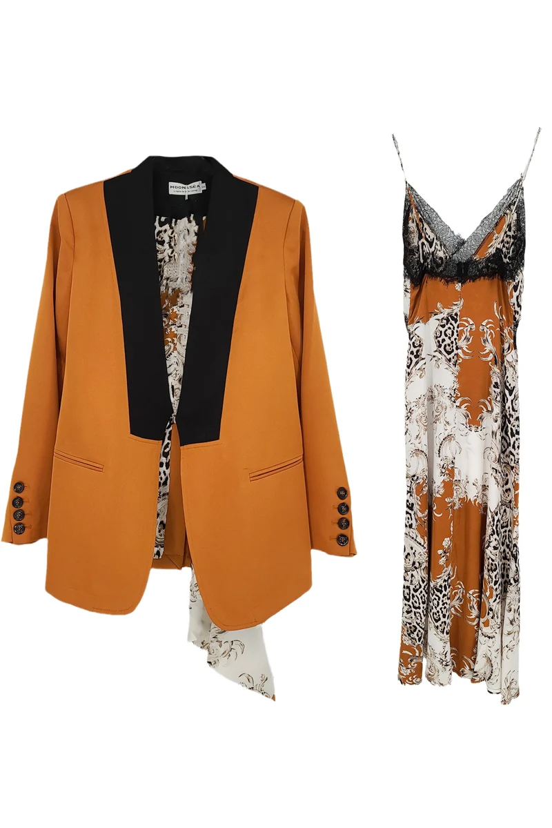 

DEAT summer women clothes notched collar full sleeves yellow contrast colors blazer and straps V-neck dress set WP92415L