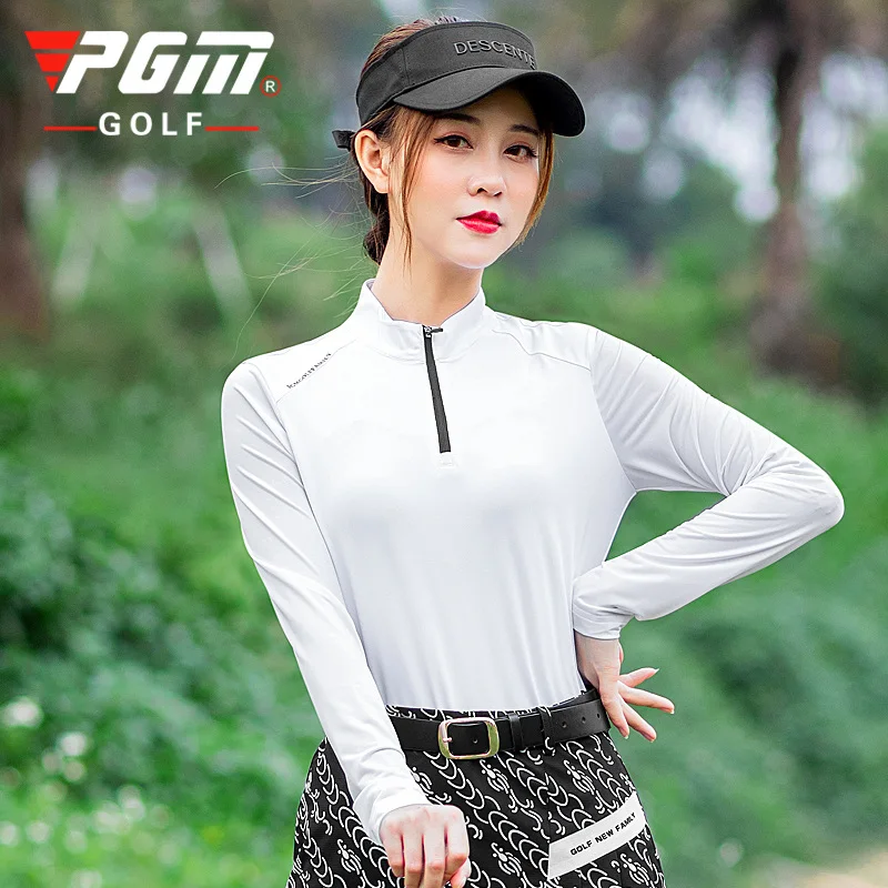 

PGM летняя одежда для гольфа женская ледяная шелковая с длинным рукавом на молнии с воротником-стойкой футболка дышащая солнцезащитная быст...