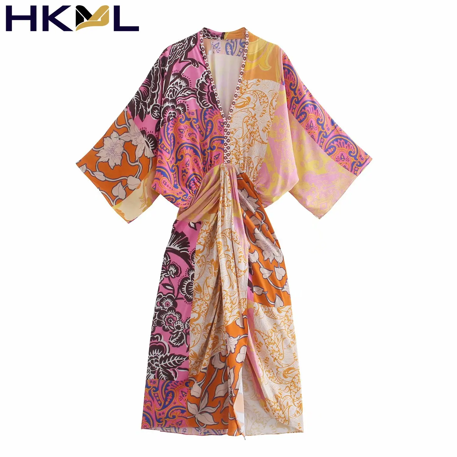 

Za 2021 Summer Women Dress Print Deep V-Neck Patchwork Pleated Long Sleeve Ruched Long Dresses
