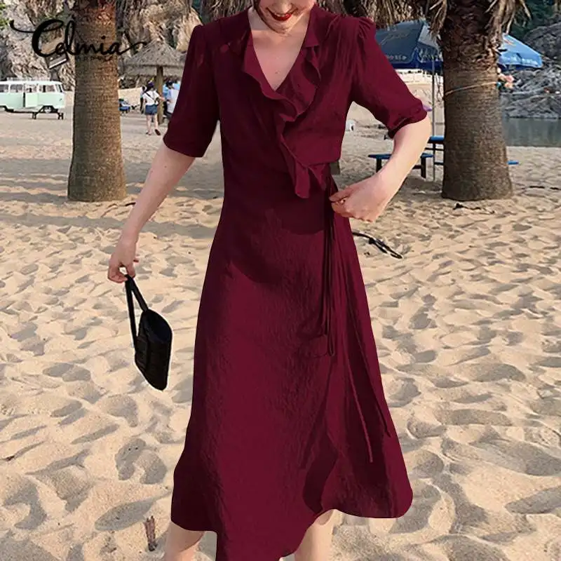 

Celmia Сексуальное Женское Платье с V-образным вырезом и оборками 2021 модное миди-платье с высокой талией элегантное женское однотонное вечерне...