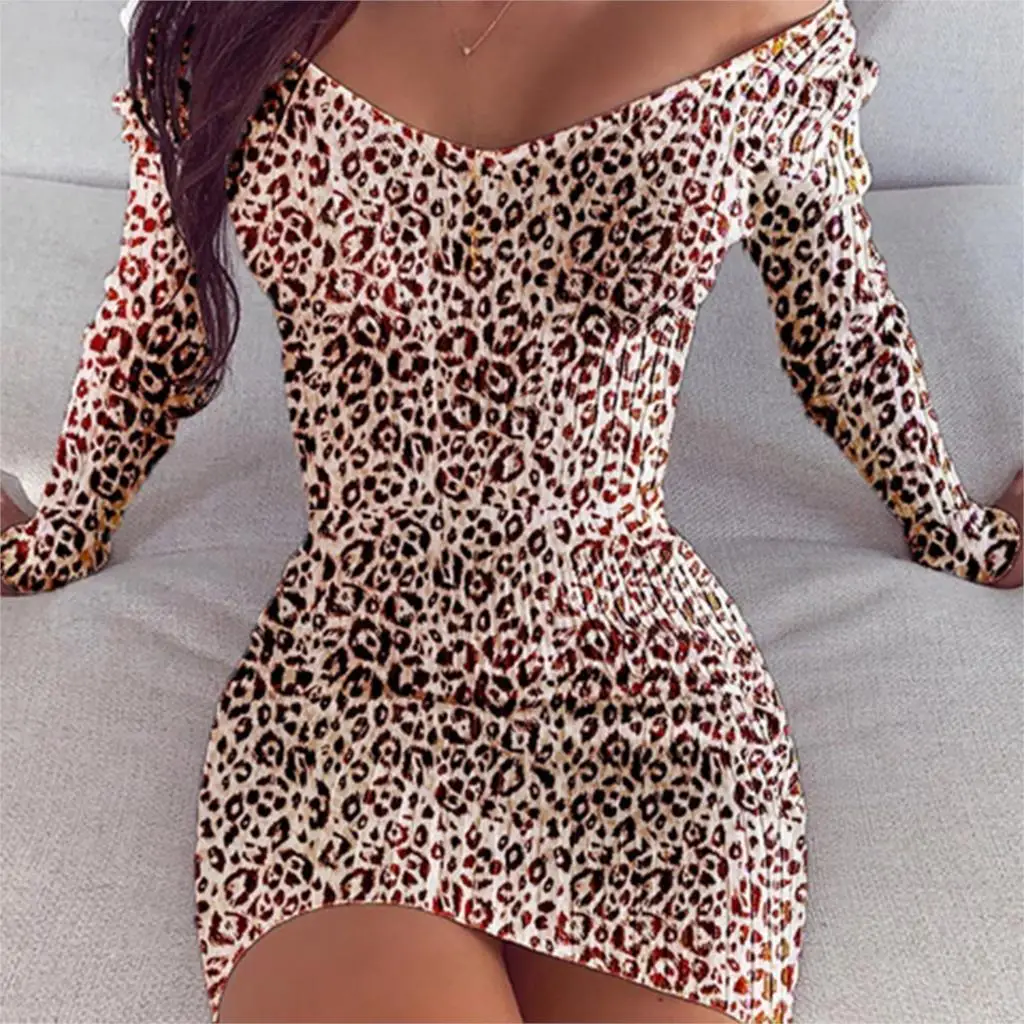 

Sexy Leopard Long Sleeve Mini Women Dress 2020 Summer Autumn Sexy Off The Shoulder Bodycon Sheath Party Club Dress Size 2XL
