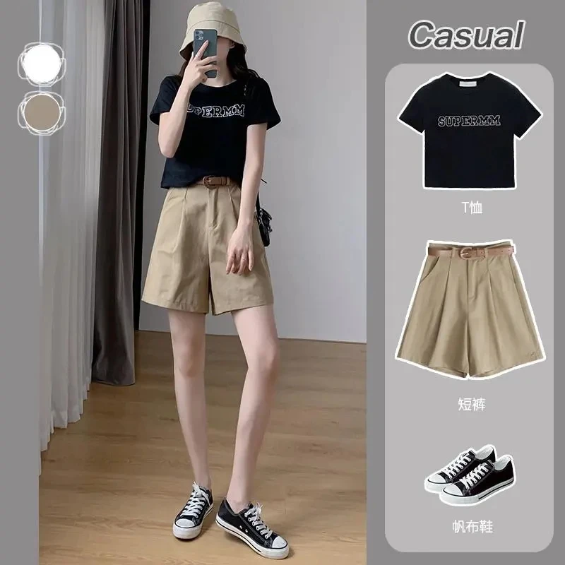 Streetwear Cargo Shorts Female Summer Korean Wide Leg Pants Loose Wild High Waist Ins Tide Casual Knee Length Pants Student 401