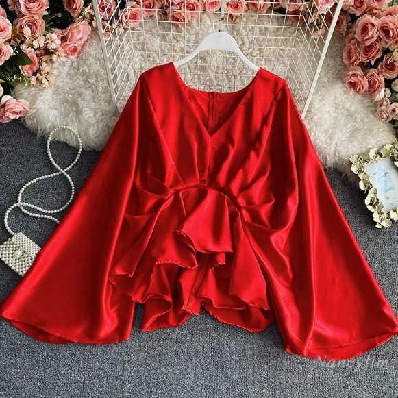 

Ruffled Blouse for Women Slim Waist Elegant Flare Sleeve Satin Shirt Female 2021 Spring New Clothes Top Blusas Mujer