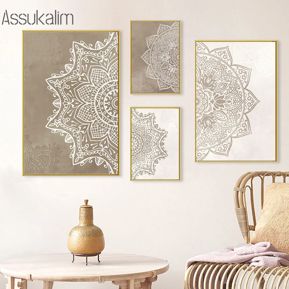 Богемная Мандала Цветочная настенная печать исламский плакат картина бежевый