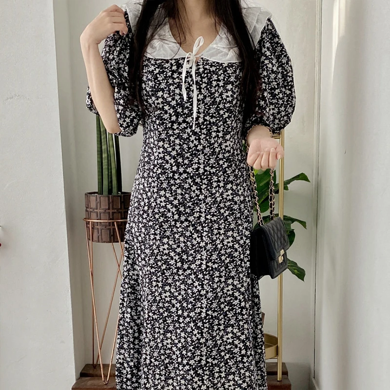 

Vintage Floral A-Line Woman Dress Peter Pan Collar Sweet Puff Sleeve Dresses 2021 Korean Fashion Summer Slim Waist Long Vestidos
