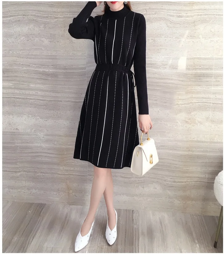 

Темперамент жира мм размера плюс женскй свитер платье осень и зима, новинка, детское платье с узкой талией средней длины вязаное платье для ...