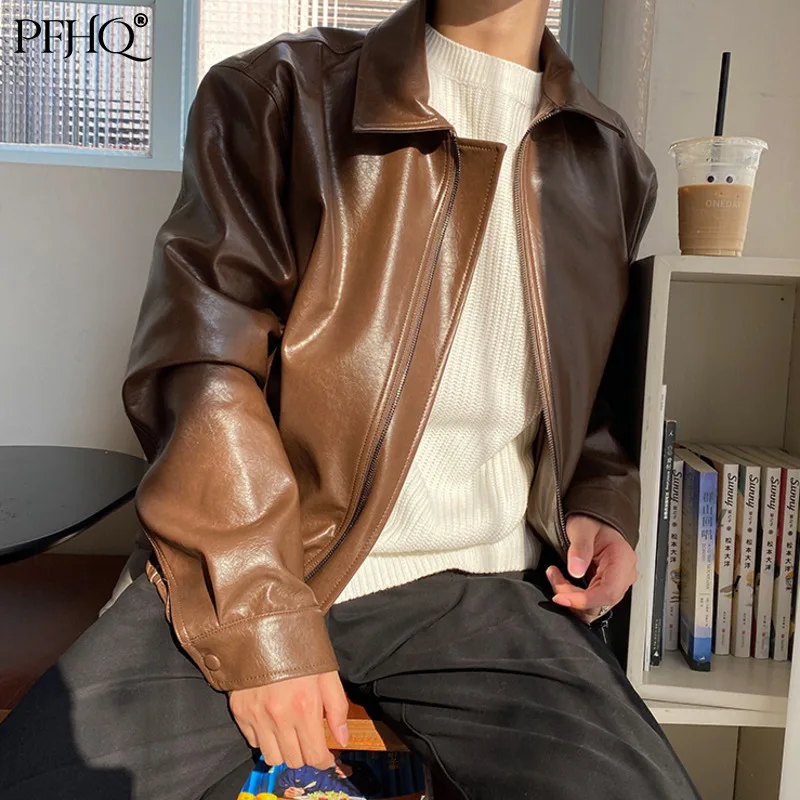 

PFHQ Men Clothing Autumn New Oversize Coat Korean Trend Loose Casual PU Leather Jacket Coat Male Zipper Lapel Clothes 21D3122