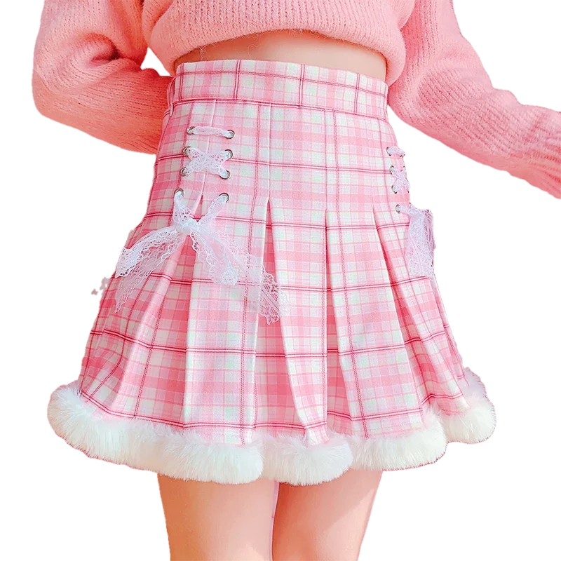 

Winter Kawaii Pleated Mini Skirt Women Korean Fashion Plaid Cute Lace Cosplay School Gilr Lolita Female Warm Short Tutu Skirts