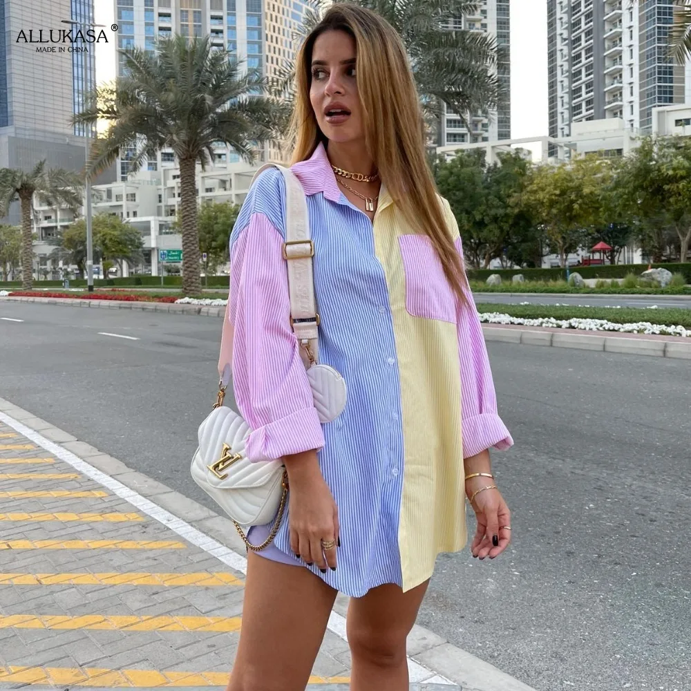 

2021 Tops Fashion women shirts Contrast Color Striped Print Smock Blouse Office Ladies Breasted Casual Shirts Chic Blusas