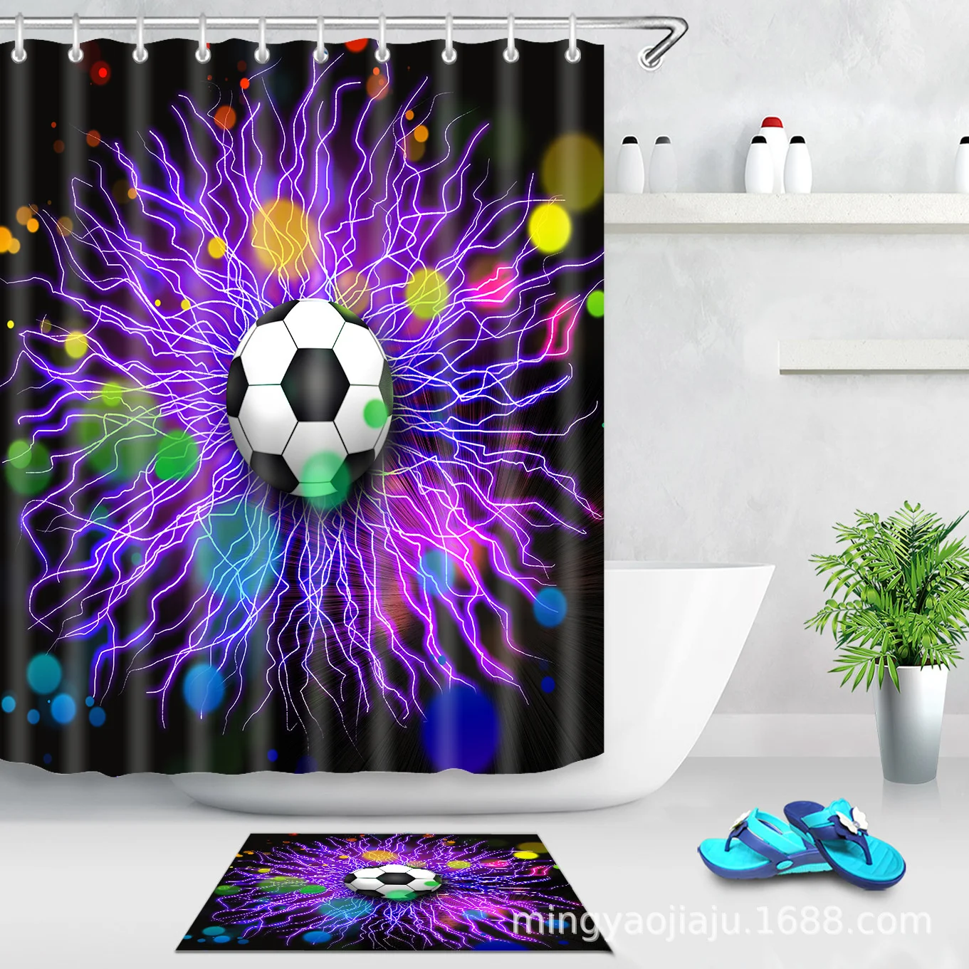 

Purple Football Pattern Fabric Shower Curtains Bathroom Curtain Set Non-Slip Rugs Toilet Lid Cover Mat Carpet Sets Home Decor