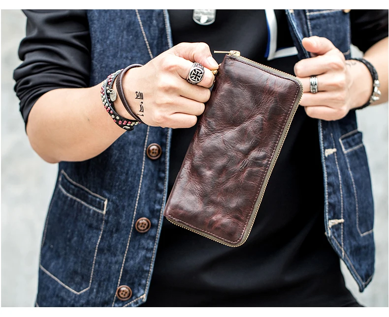 High Quality Vintage Real Cowhide Men Wallet Cash Purse Zipper Modern Stylish Male Long Day Clutches Wristlets Wallet Card Case