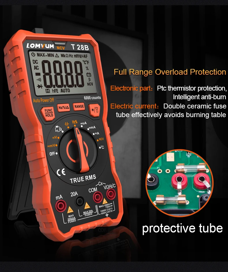 LOMVUM TRMS Digital Multimeter True RMS Auto/Manual Range 6000 Count Multimeter Tester 2 Probes Voltage DC/AC Analog Bar Backlit