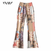 yamy womens vintage knit floral long pants trousers elastic high waist wide leg retro sweatpant harajuku summer y2k girls capris