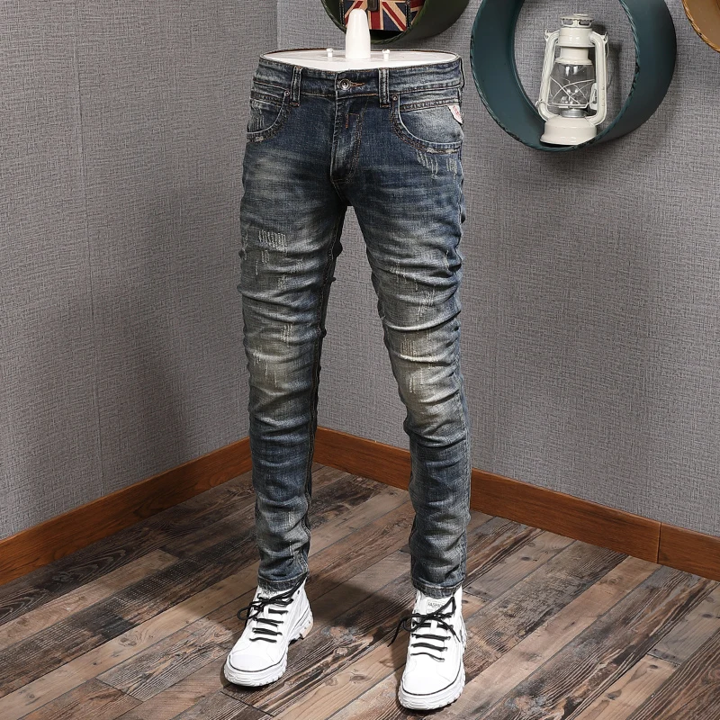 

Fashion Scratched Vintage Blue Jeans Men Streetwear Cotton Slim Fit Straight Stretch Denim Pants