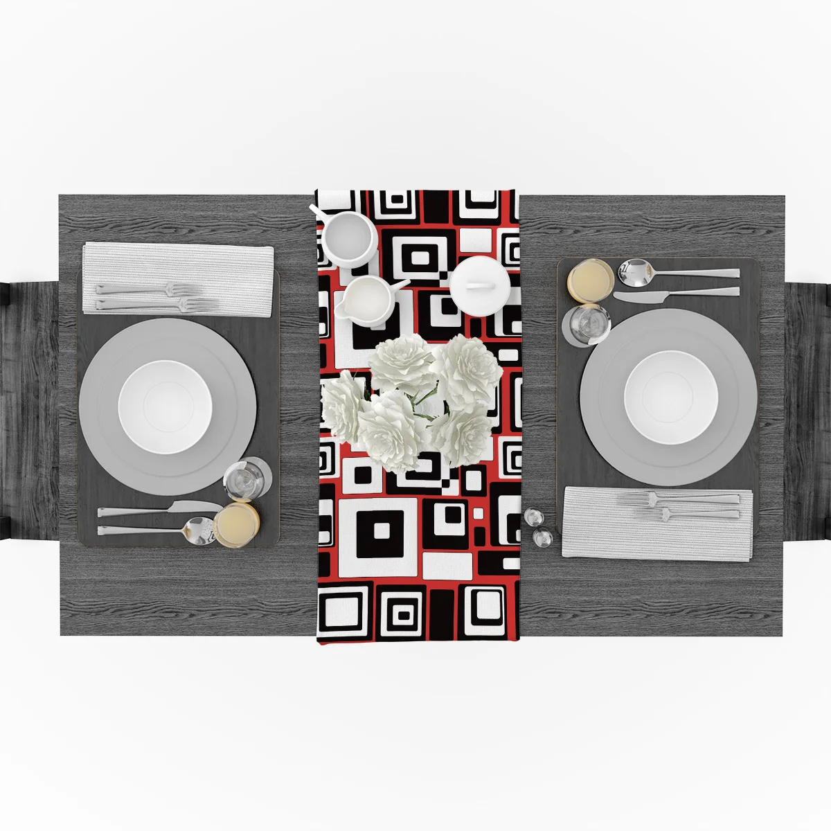 Настольная дорожка в стиле пэчворк с геометрическим рисунком красная черная