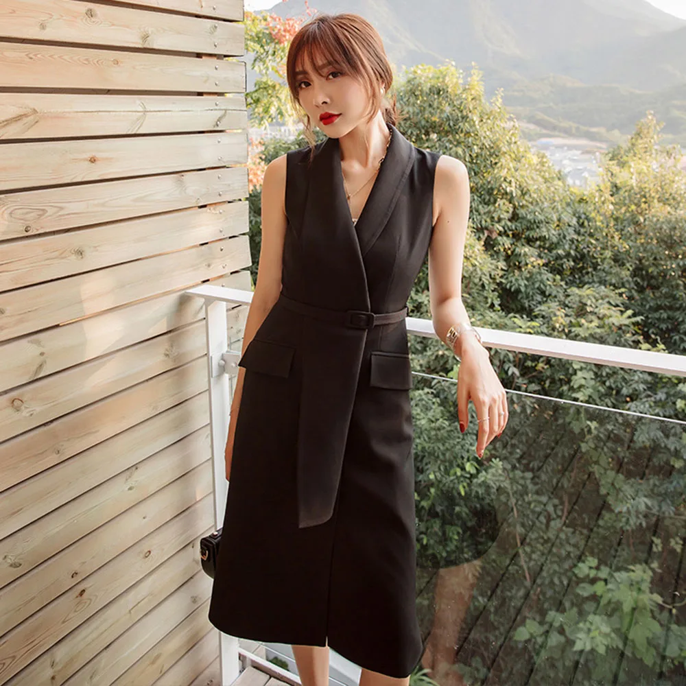 

Womens Vintage Sleeveless Sexy V-Neck Mid-length Business Party Dress Casual Design Elegant Elastic Small Fashion Suits Dresses