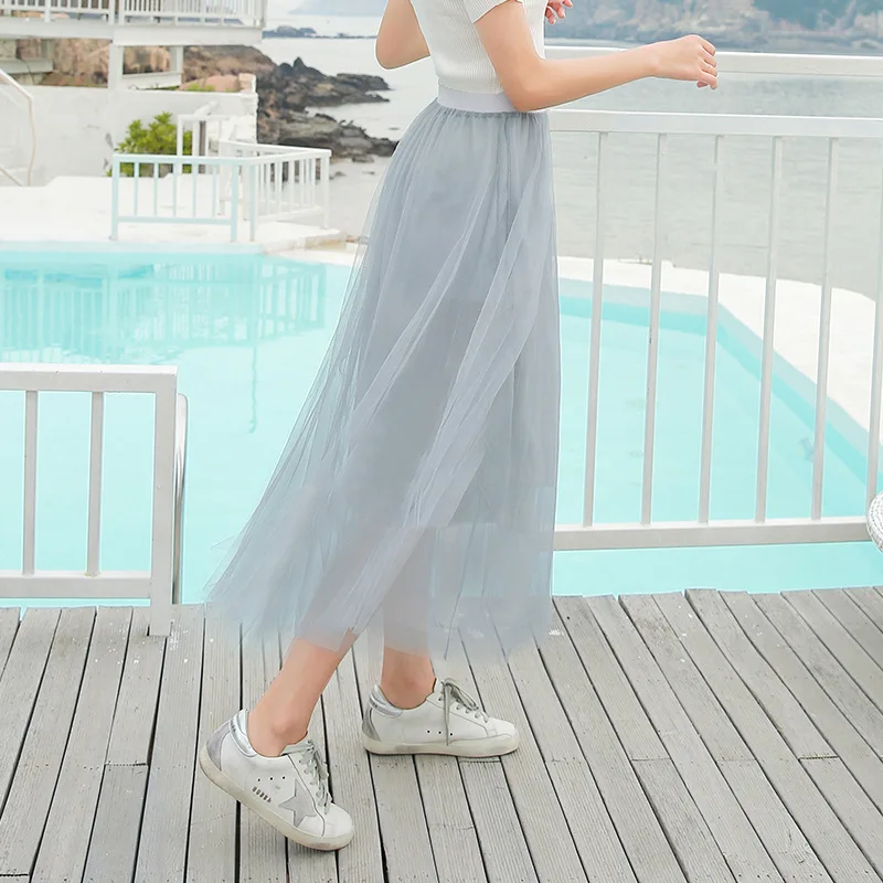Летние однотонные сетчатые юбки Женская плиссированная юбка Элегантные