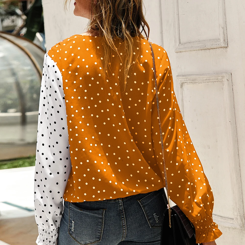 Женская Лоскутная блуза в горошек повседневные топы v-образный вырез длинный