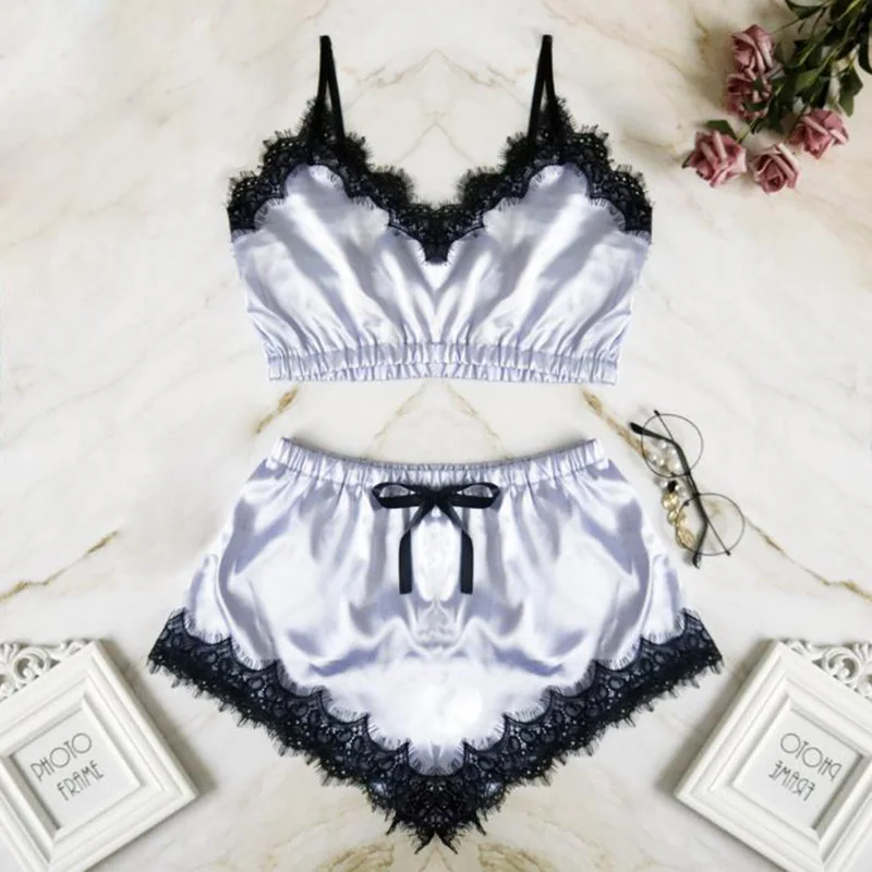 

Summer Women Sexy Lace Trim Satin Cami Top Sexy Lingerie Pyjamas Set Women V Neck Sleeveless Strap Pajama Sets Sleepwear Set