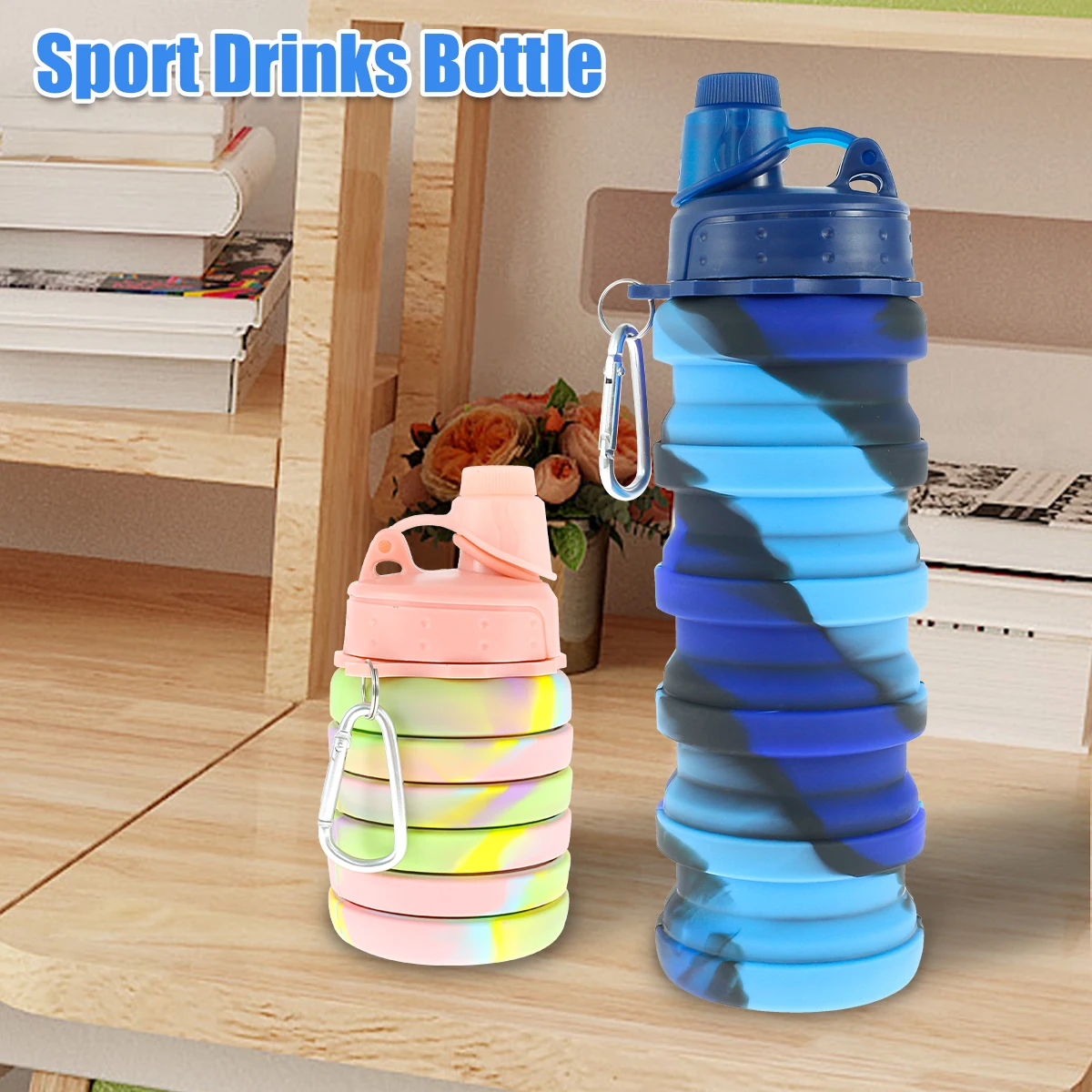 

16 Ounces Outdoor Camping Cup With Carabiner Silicone Sports Folding Water Bottle BPA-Free Drinking Cup Collapsible Water Bottle