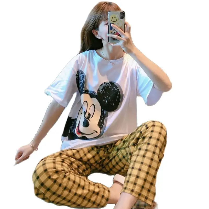 Disney Cartoon Winnie the Pooh Kawaii Pajama Sets Ladies Summer Short Sleeve Tshirt Plaid Pants Sleepwear Women Pizama Damska