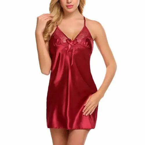 2019 New Summer Satin Sleepwear Womens Lace Nightdress Night Gowns Sexy Erotic Hot Lingerie V-Neck Dress Underwear | Женская одежда