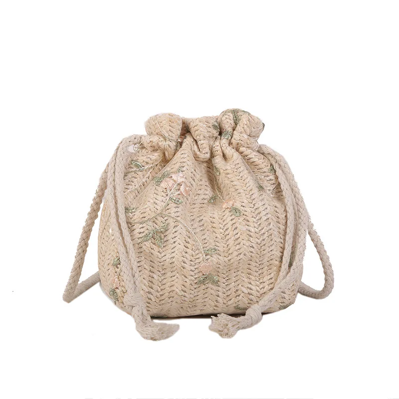 

Woven Bag Female 2021 New Trendy Fashion Lace Wild Drawstring Bucket Bag Shoulder Messenger Straw Woven Bags Purses and Handbags