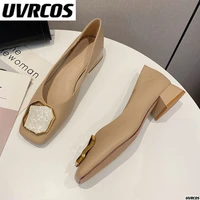 leather high heels for women 2022 spring new lazy shoes womans head temperament soft leather shallow mouth rough single shoes