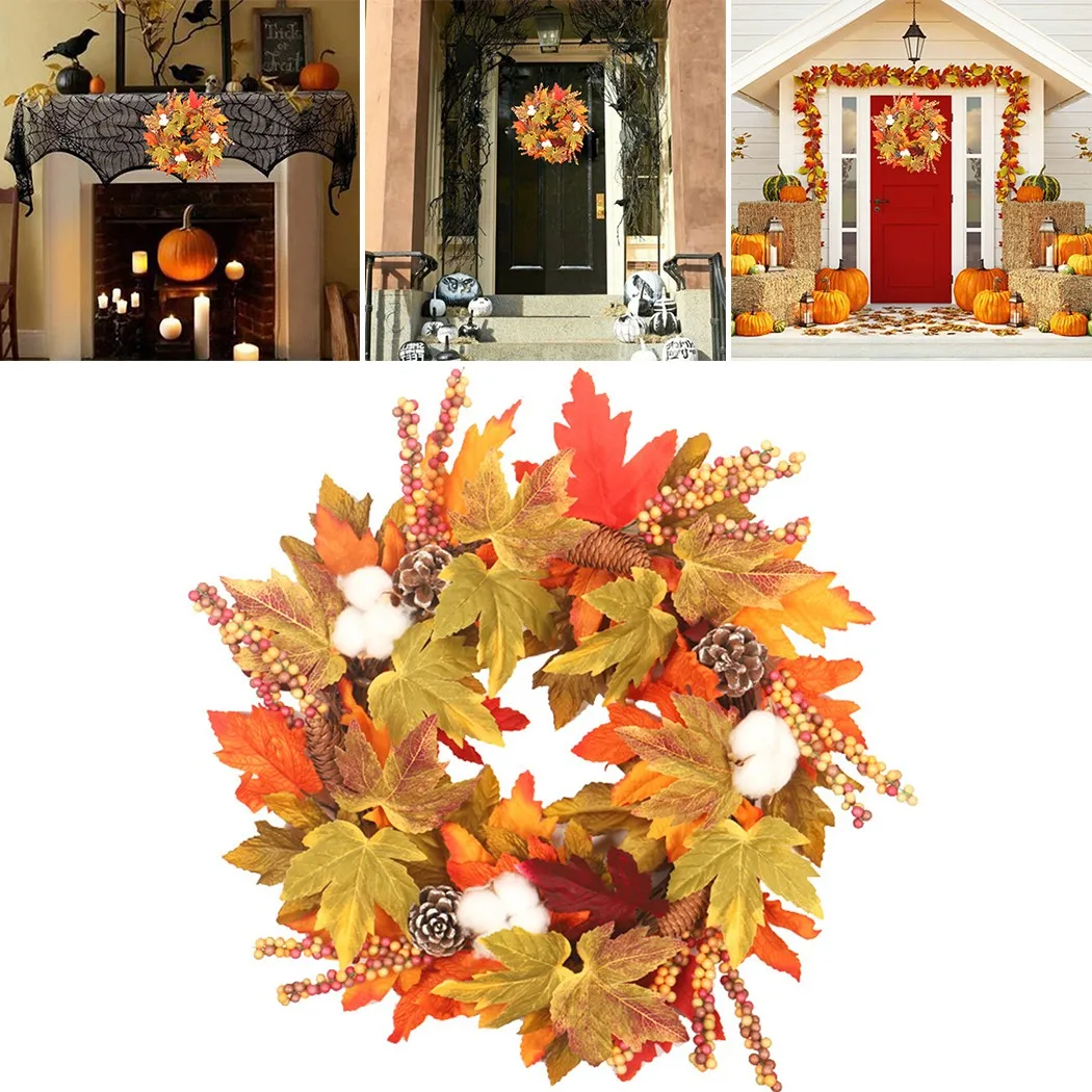 

Simulation Pine Cones Artificial Maple Leaf Garland Wreath Thanksgiving Wall Decorations Kapok Rattan Ring Door Hanging Ornament