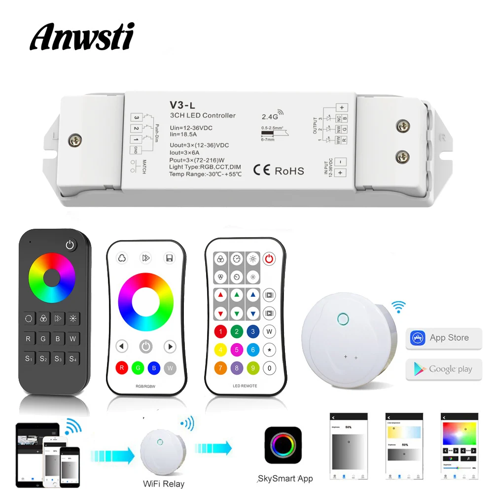 Светодиодный контроллер RGB 12 В, Wi-Fi, 24 В, 36 В, постоянный ток, RF, 2,4G, беспроводной пульт дистанционного управления, умный контроллер Wifi для одно...