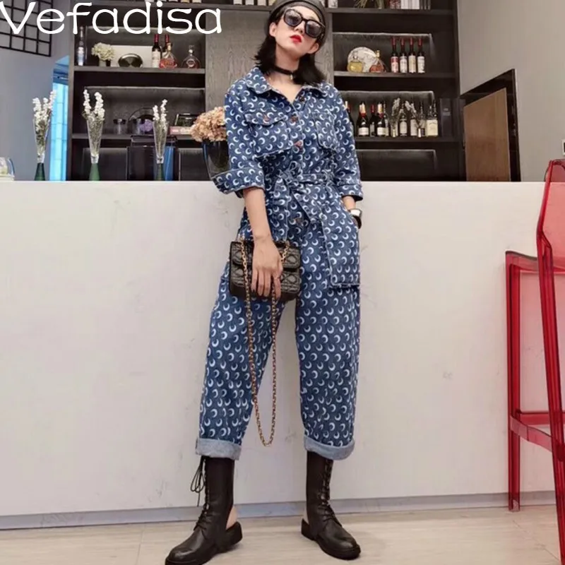 Женский джинсовый комбинезон Vefadisa Свободный до щиколотки с принтом Луны и поясом