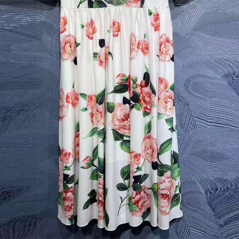 

SEQINYY White Midi Dress Summer Spring New Fashion Design Beading Pink Rose Flowers Print Runway Women High Quality Elegant