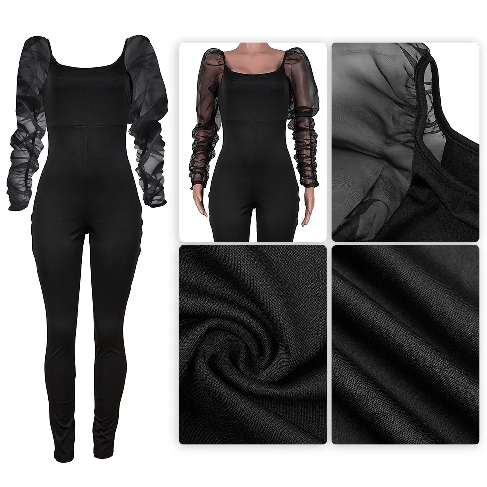 

Sheer Mesh Puff Sleeve Black Bodycon Jumpsuit Women Elegant Skinny Clubwear Party Sexy Rompers Womens Jumpsuit Christmas Clothes