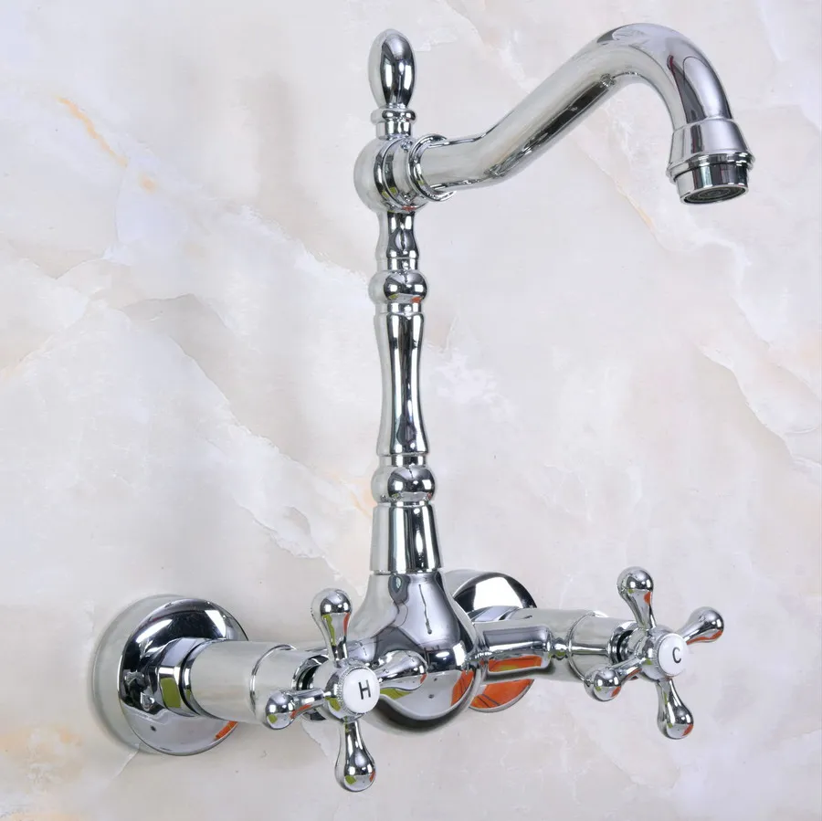 

Silver Polished Chrome Brass Two Hole Cross Handle Kitchen Bathroom Basin Faucet Sink Mixer Taps H / C Swivel Spout 360' dnf969