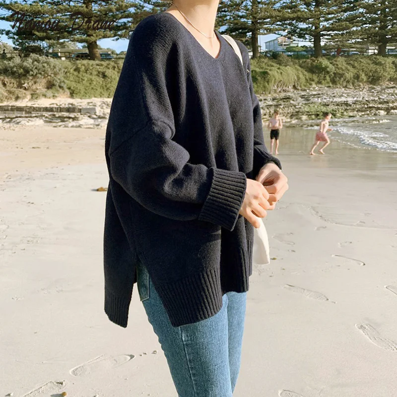 

Namou Drane Korea 2021 Autumn and Winter New Sweater Wild Korean Version of Pure Color Lazy Style Long-sleeved Sweater Top Trend