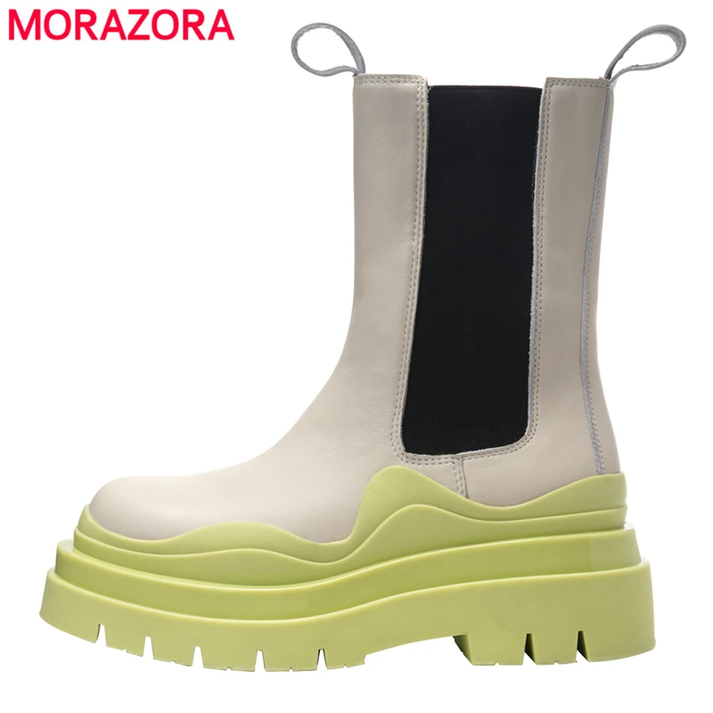 

MORAZORA 2021 New Genuine Leather Chelsea Boots Thick Sole Platform Boots Chunky Fashion Ladies Autumn Winter Ankle Boots
