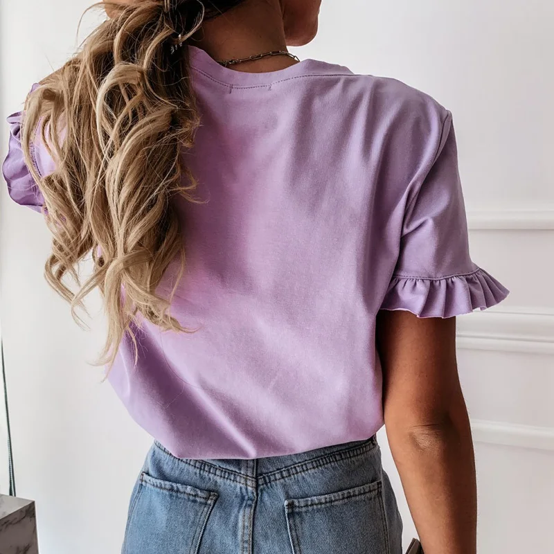 

Butterfly Sleeve Women Shirt Blouse Casual Solid Ruffle Short Sleeve Shirt Summer Elegant O-Neck Pullovers Tops Blusa Streetwear