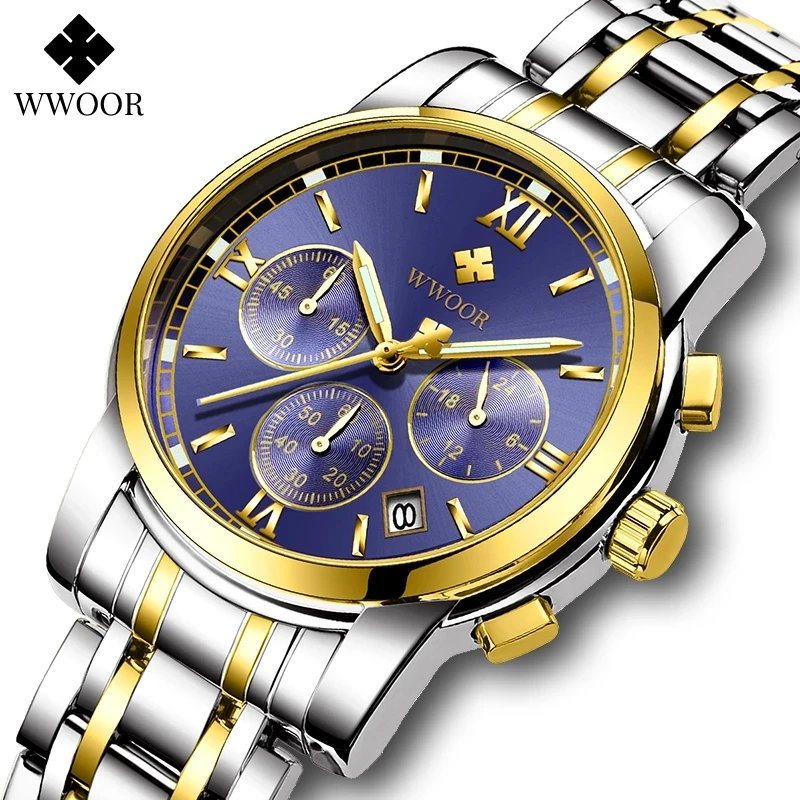 

WWOOR Для мужчин, золотые часы Нержавеющая сталь 2021 Роскошные Бизнес Для мужчин Кварцевые наручные часы световой Водонепроницаемый хроногра...