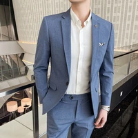 2 pieces fashion mens pure color leisure suits gray blue black slim fit men business banquet suit set plus size 3xl 4xl