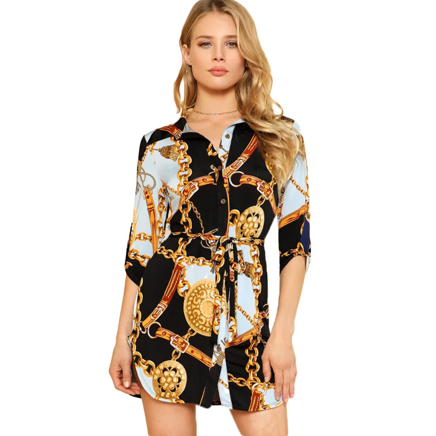 2019autumn Plus size Africa women dress retro chain print shirt Cozy sexy party club summer style vintage vestidos |