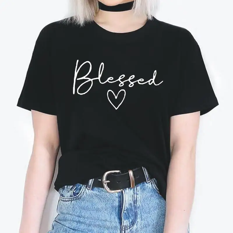 

Blessed Letter Printed T Shirt Women Tops Summer Short Sleeve Christian Tee Shirt Femme Casual Plus Size T-shirt Camisetas Mujer