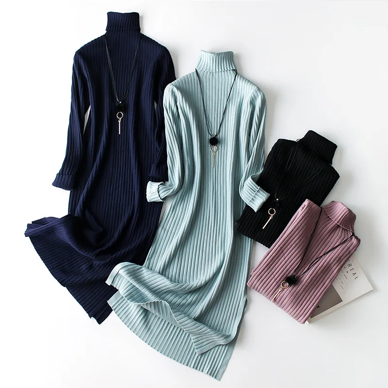 Зима 2019 женское вязаное платье с высоким воротником плотное свитер разрезом